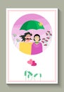 Wedding invitation or greeting card with cute loving couple under and umbrella. Royalty Free Stock Photo