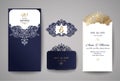 Wedding invitation or greeting card with gold floral ornament. Wedding invitation envelope for laser cutting. Royalty Free Stock Photo