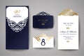 Wedding invitation or greeting card with gold floral ornament. Wedding invitation envelope for laser cutting. Royalty Free Stock Photo