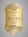 Wedding invitation or greeting card with gold floral ornament. Wedding invitation envelope for laser cutting. Royalty Free Stock Photo