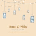 Wedding invitation or greeting card with mason jars. Vector