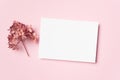 Wedding invitation or greeting card mockup with dry flowers decor on pink, blank paper card mock up with copy space Royalty Free Stock Photo