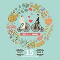 Wedding invitation .Groom,bride,retro bicycle,autumn wreath Royalty Free Stock Photo