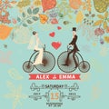 Wedding invitation .Groom,bride,retro bicycle,