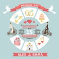 Wedding invitation in infographic style. Bride,groom on retro bi