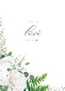 Wedding invitation, invite, save the date, greeting card, postcard floral design. Ivory white Peony rose flower, green herbs,