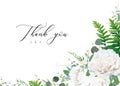 Wedding Invitation, Invite, Save The Date Greeting, Thank You Card, Postcard Floral Design. Elegant White Rose Flowers, Sage Green