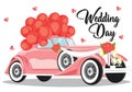 Wedding invitation with just married retro car and white balloons. wedding day vector Royalty Free Stock Photo