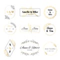 Wedding invitation labels. Minimalist floral leaves frames, elegant golden marriage card and save the date gold label