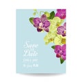Wedding Invitation Layout Template with Orchid Flowers. Save the Date Floral Card with Exotic Flowers for Party Royalty Free Stock Photo