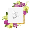 Wedding Invitation Layout Template with Orchid Flowers. Save the Date Floral Card with Golden Frame and Exotic Flowers