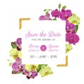 Wedding Invitation Layout Template with Orchid Flowers. Save the Date Floral Card with Golden Frame and Exotic Flowers