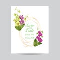 Wedding Invitation Layout Template with Orchid Flowers. Save the Date Floral Card with Golden Frame and Exotic Flowers Royalty Free Stock Photo