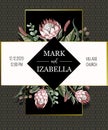 Wedding invitation with leaves, protea flowers, succulent and golden elements in watercolor style. Royalty Free Stock Photo