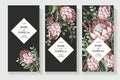 Wedding invitation with leaves, protea flowers, succulent and golden elements in watercolor style. Royalty Free Stock Photo