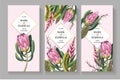 Wedding invitation with leaves, protea, tropical flowers and golden elements in watercolor style Royalty Free Stock Photo