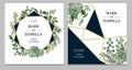 Wedding invitation with leaves, succulent and golden elements in watercolor style. Eucalyptus, magnolia, fern and other Royalty Free Stock Photo