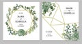 Wedding invitation with leaves, succulent and golden elements in watercolor style. Eucalyptus, magnolia, fern and other Royalty Free Stock Photo