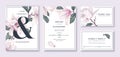 .Botanical wedding invitation card template design, white magnolia flowers and leaves.