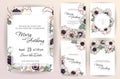 Wedding invitation, menu cover, information, label, card design with gently powder pink anemone flowers watercolor