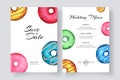 Wedding invitation and menu template with hand painted watercolor donuts. Vector