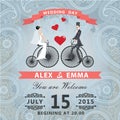 Wedding invitation with paisley lace.Bride ,groom in retro bicycle