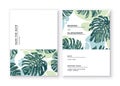 Minimalistic cards with tropical leaves of monstera on background of abstract spots in restrained colors.