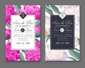 Save the Date cards with white and pink peonies flowers and leaves. Royalty Free Stock Photo