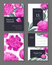 Botanical wedding invitation card. Template design with pink peonies flowers and leaves.