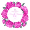 Round frame with pink peonies flowers and leaves. Botanical wedding invitation card. Royalty Free Stock Photo