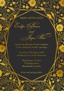 Wedding Invitation, poppy floral invite card Design with Geometrical art lines, golden foil border, frame. Ornate gold flowers on