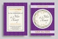 Wedding invitation purple template. Set elegant background with golden ornaments greeting card. Vector