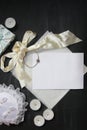 Wedding invitation with ribbons, candle, lace, charm and vellum. Mock-up for calligraphy or lettering