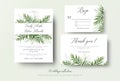 Wedding invitation, rsvp, thank you cards floral design with green tropical forest palm leaves, eucalyptus branches & cute greene Royalty Free Stock Photo