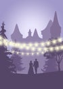 Wedding invitation. Save the date card lights. Lavender illustration with a couple, castle and magical lights. Thank you card