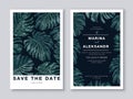 Wedding card template, save the date template, poster, banner, postcard for loved ones with realistic vector tropical leaves of mo