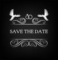 Wedding invitation. Save the date. pigeon, dove, ring. Vector illustration.
