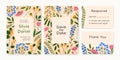 Wedding invitation, Save the Date, response and thank cards designs set. Floral backgrounds templates with field flowers