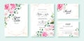 Pink And White Rose Flowers Wedding Invitation, Save The Date, Thank You, Rsvp Card Design Template. Vector. Silver Dollar