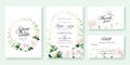 Wedding Invitation, save the date, thank you, rsvp card Design template. Vector. White rose flower, lemon leaf, Ivy leaves.