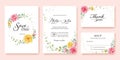 Wedding Invitation, save the date, thank you, rsvp card Design template. Yellow and pink flower, silver dollar, olive leaves, Wax