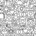 Wedding invitation seamless pattern with thin line icons of dove, camera, photographer, bride, dress, balloons. Vector