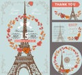 Wedding invitation set.Autumn leaves wreath,Eiffel