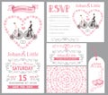 Wedding invitation set.Bride,groom,retro bike,Pink decor