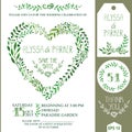 Wedding invitation set.Green watercolor branches heart wreath Royalty Free Stock Photo