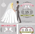 Wedding invitation set.Retro Cartoon bride and groom