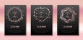 Wedding invitation set. Vector banners with rose gold frames on a black background. Round real borders with sparkles and hearts. Royalty Free Stock Photo
