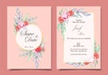 Wedding Invitation Set of Watercolor Floral Ornament and Golden Frame with Elegant Color Design Concept. Roses and Peony Flower