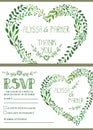 Wedding invitation set.Watercolor green branches heart wreath