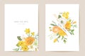 Wedding invitation spring flowers, leaves. Floral card, tropic watercolor template vector. Botanical Save the Date